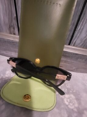 Longchamp Black Sunglasses with Olive Green Case and Gold Accents